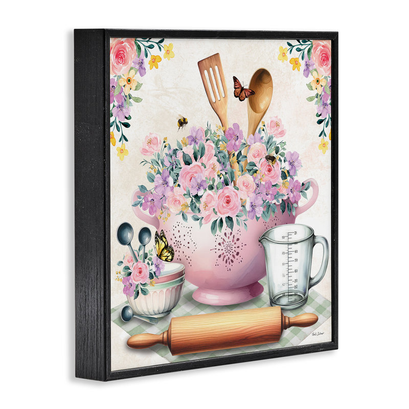 Art floral giclée et ustensiles roses par Nicole DeCamp, H 24 po x l 24 po, Giclée encadrée noir minuit