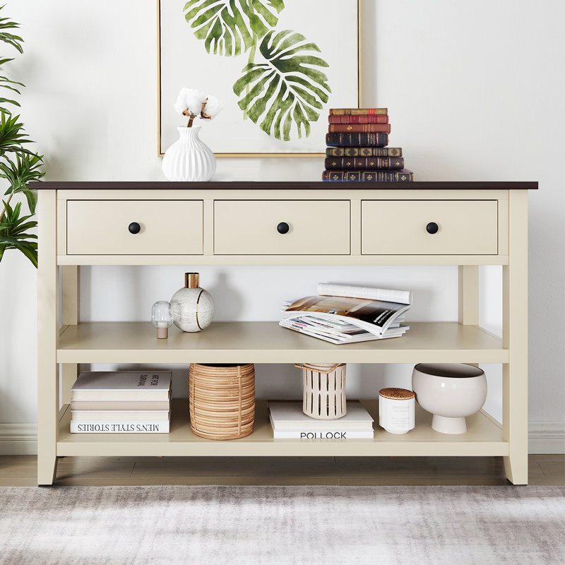 Console en bois de pin massif 48 po, table d'appoint moderne avec 3 tiroirs de rangement et 2 tablettes. Facile à assembler (bleu rétro + plateau brun)