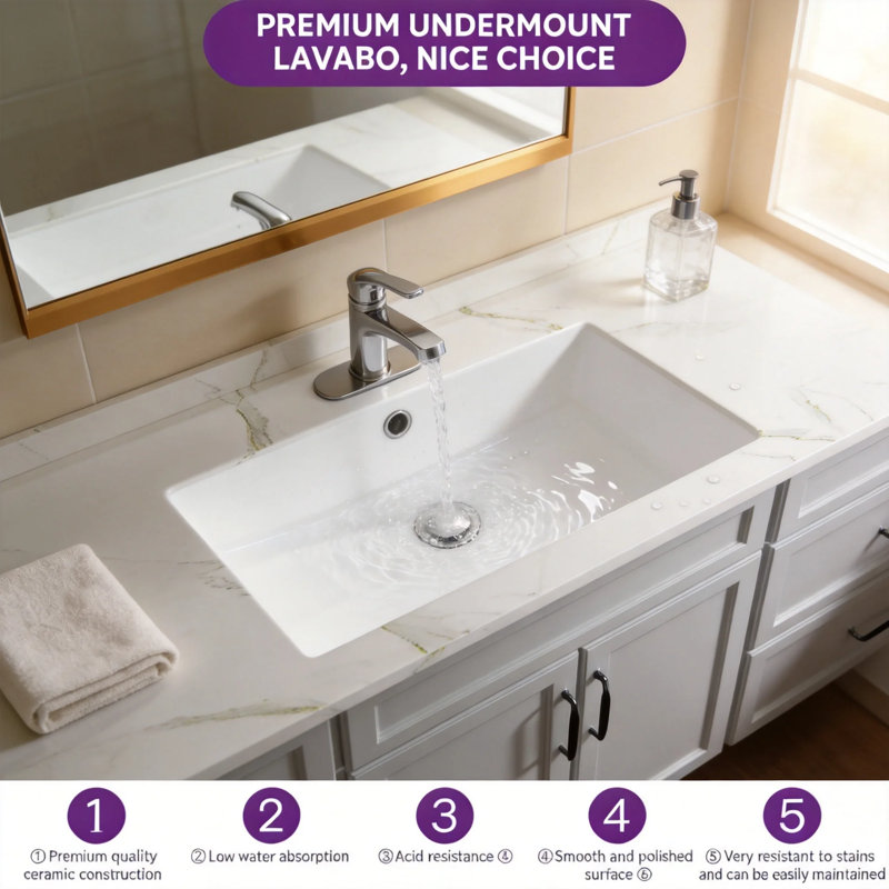 Lavabo rectangulaire encastré en céramique blanche de 71 x 36 cm avec trop-plein, bonde de 4,4 cm, grand lavabo pour salles de bain principales