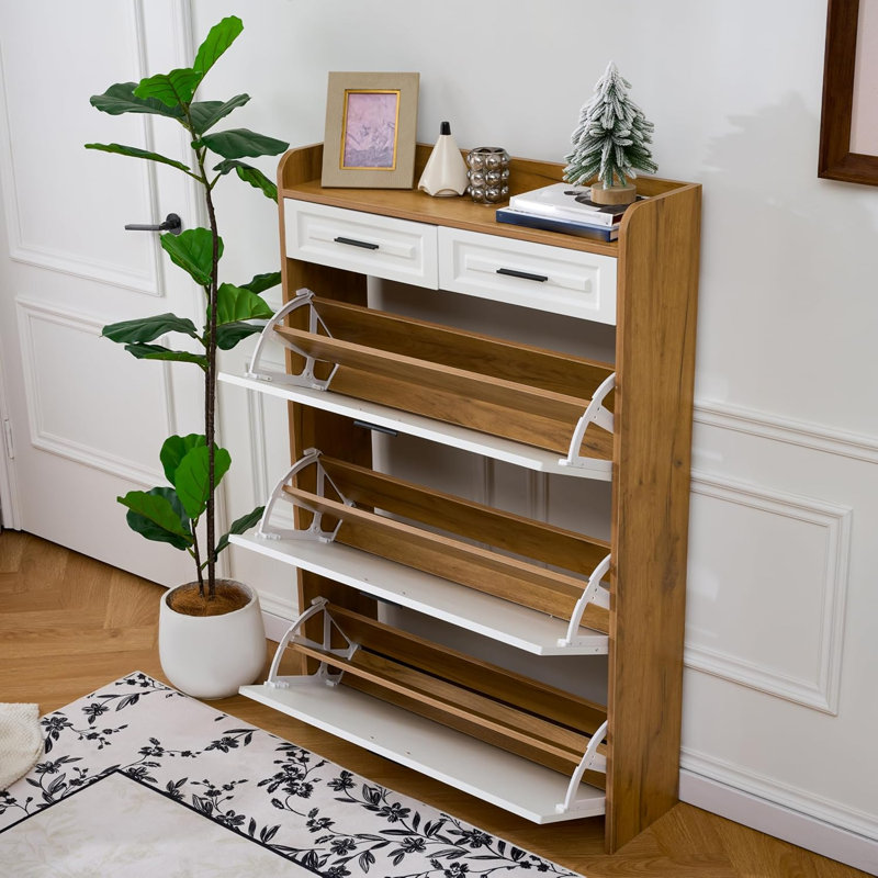 Armoire à chaussures avec 2 tiroirs et 3 portes pliantes, range-chaussures à grande capacité avec plusieurs niveaux, armoire à chaussures d'entrée moderne pour couloir, salon, noyer