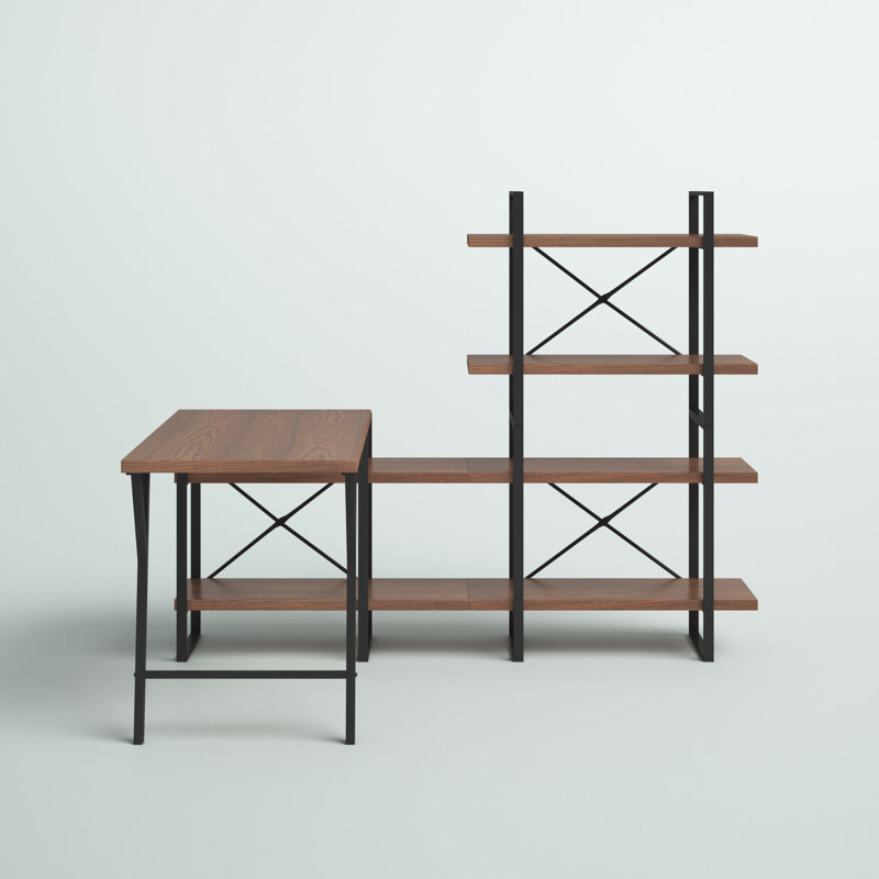 Walnut Wood L-Shaped Writing Desk with Shelves