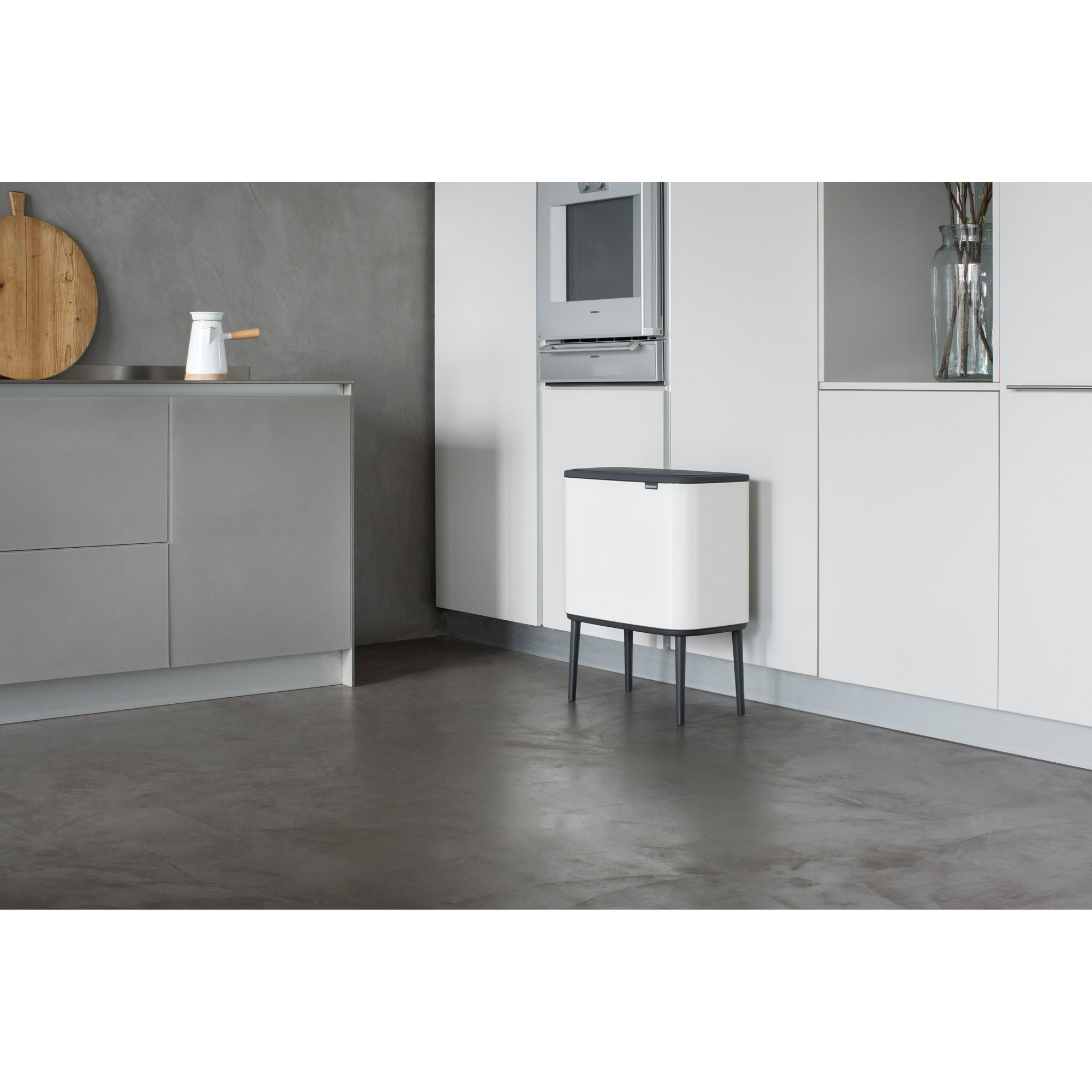 Brabantia Bo Touch Top Dual Compartment Recycling Trash Can, 3 + 6 Gallon (9 Gallon Capacity), White