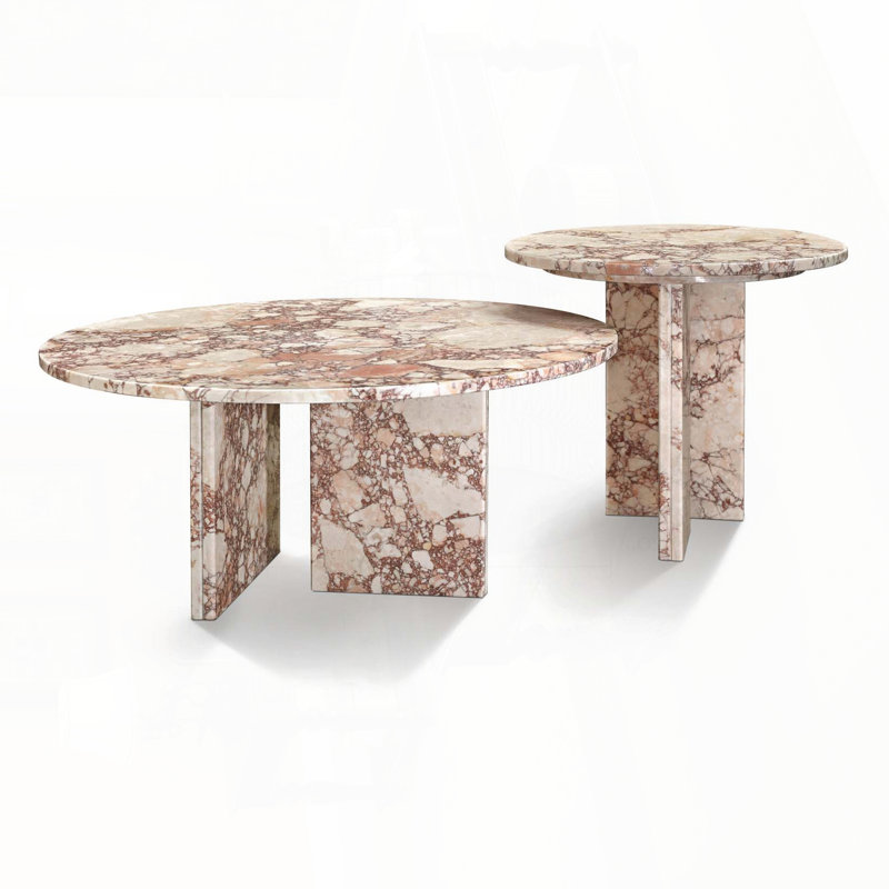 2-Piece Round Nesting Coffee Table Set – Diamond Pink Natural Marble, Pink
