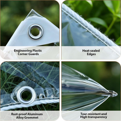 Heavy Duty Clear Tarp - 14Mil Waterproof PVC - Tear-Resistant, Grommets, Ropes & Cable Ties - Weatherproof Windproof Enclosure for Greenhouse, Chicken Coop -10ftx16ft-14mil,  White Grommets