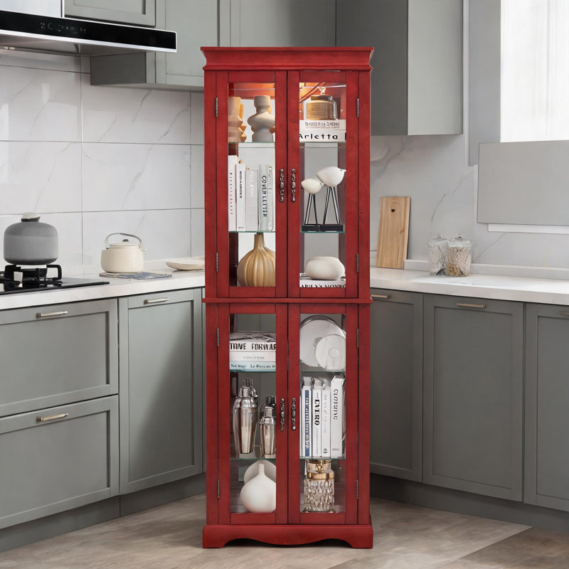 Vitrine en bois aggloméré avec vitrine lumineuse en verre éclairé, rangement réglable à finition cerisier pour collectionner et présenter des bouteilles de vin