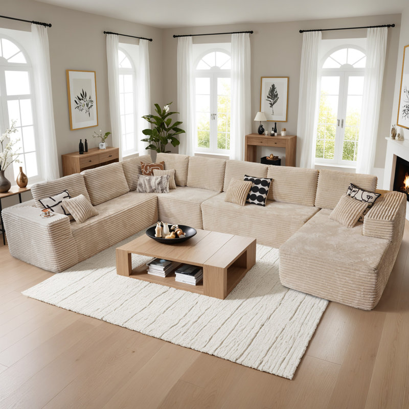 Koyu Cloudelle Compression Packed 4-Piece U-Shaped Plush Boneless Corduroy Sectional Sofa – Deep Seat, No Assembly