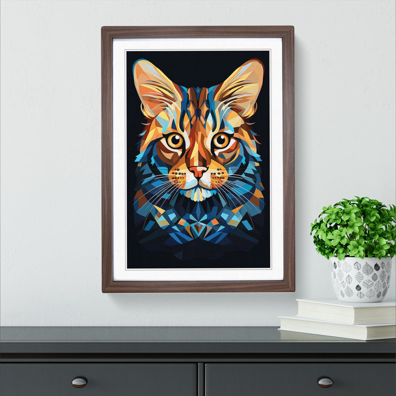 Bengal Cat Cubism No.2 - Single Picture Frame Print on Wood, Walnut Framed, 64cm H x 46cm W x 2cm D