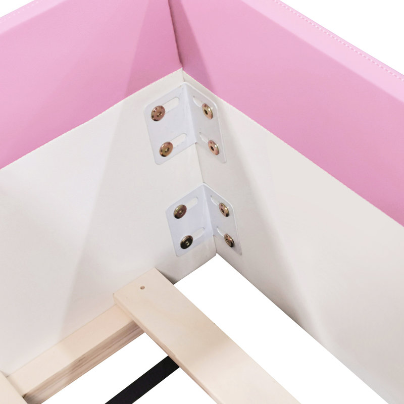 Structure de lit simple tapissier avec clôture et escalier en blanc rose, construction à 10 lattes, lattes, assemblage rapide