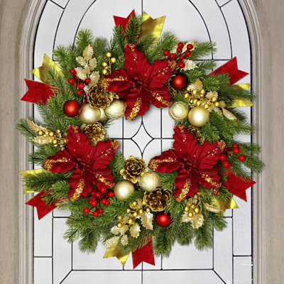 24 Inch Christmas Wreath with Lights, Christmas Door Wreath with Red Flowers and Balls, Pine Cones, Frosted Leaves, Ribbon and Berries for Home Decora
