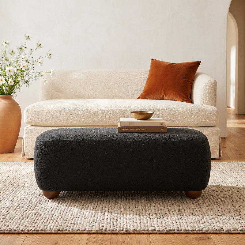 Urbino Rectangular Boucle Ottoman with Solid Wood Legs, Noir Bouclé