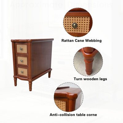 Rattan Narrow Side Table with 3 Drawers, Solid Wood Nightstand for Compact and Stylish Storage in Living Room, Bedroom, Office, Bathroom