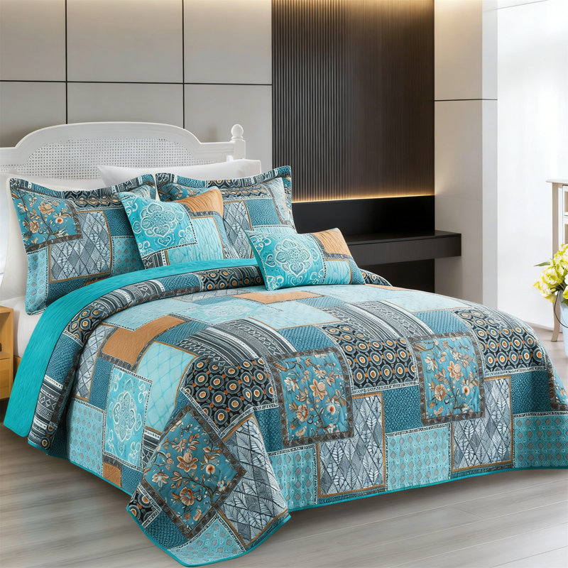 Queen Cotton Boho Reversible Quilt Set - Teal/Green Chic, Lightweight, Farmhouse