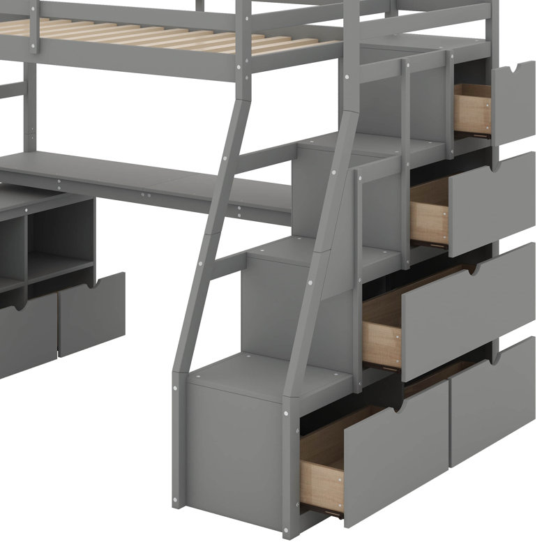 Lit mezzanine simple avec 7 tiroirs, tablettes et bureau, Gris