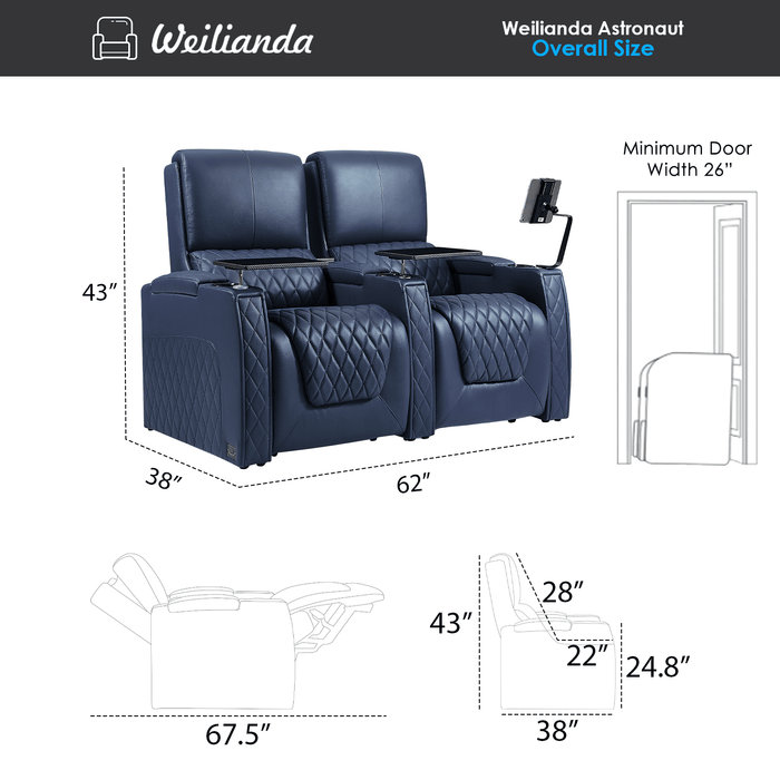 Canapé inclinable électrique Haiylee , Cuir véritable bleu