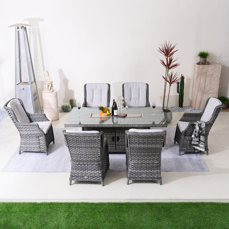 Ensemble repas d'extérieur 6 personnes avec coussins Aeryna, Gris, Blanc grisâtre