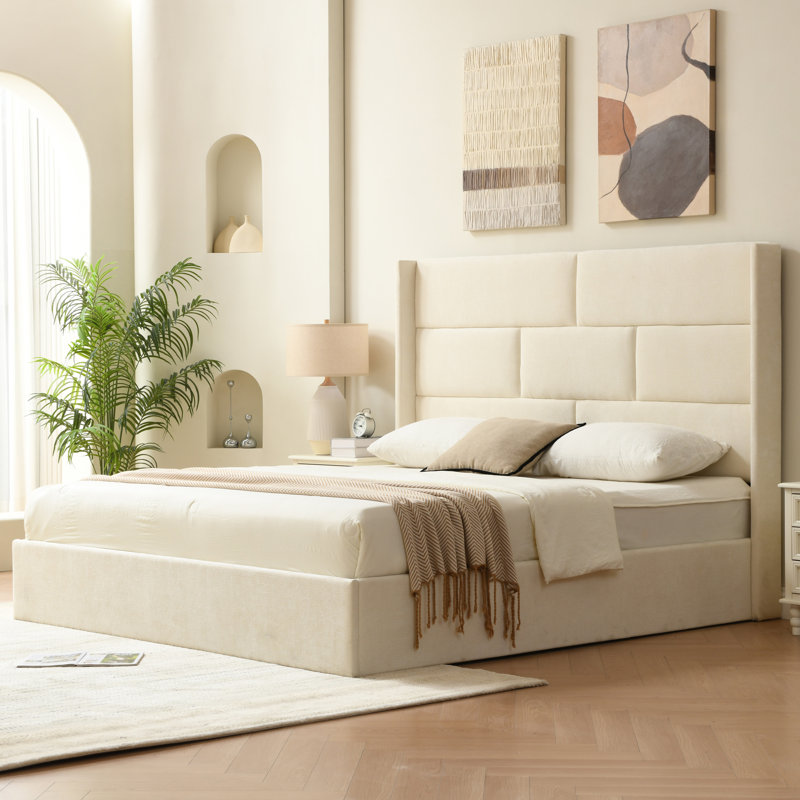 Braya Hydraulic Lift and Storage Upholstered Flat Bed with High Headboard, Cream, King