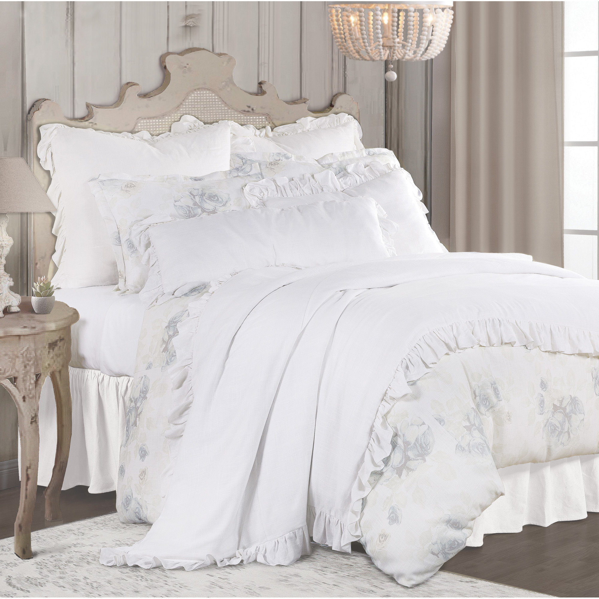 Lily Washed Linen Ruffled Edge Romantic Farmhouse 1 Piece Duvet Cover, King Duvet Cover, White