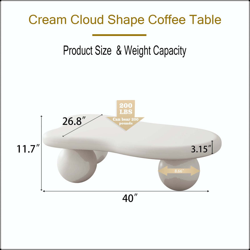 Table basse de 40 pouces en forme de nuage avec pieds sphériques, Blanc, crème