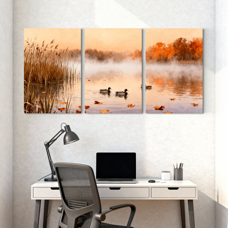 Paysage et nature, automne, lac, canards, roseaux, brume, arbres, feuilles, ensemble de 3 impressions sur toile