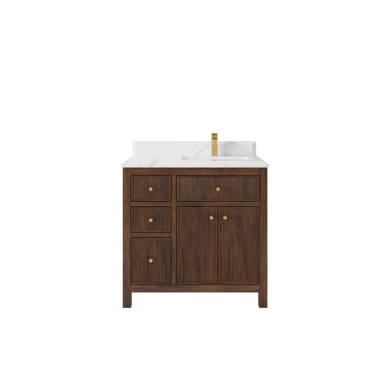 Teck de 36 po Sonoma X P 22 po D Meuble-lavabo de salle de bain en noyer foncé avec quartz Cove Edge, Calacatta Laza