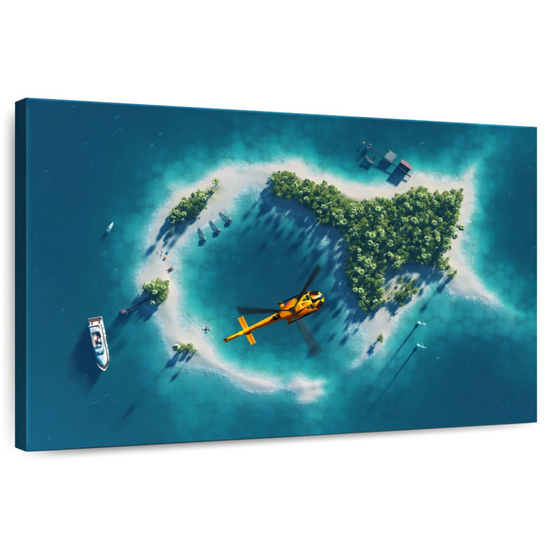 Gillard Helicopter Over Tropical Island, 26" H x 39" W
