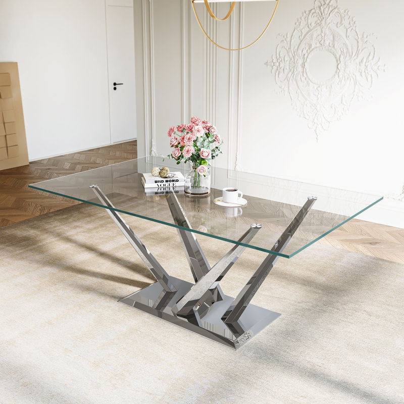 Glass Top Metal Base Dining Table, Silver