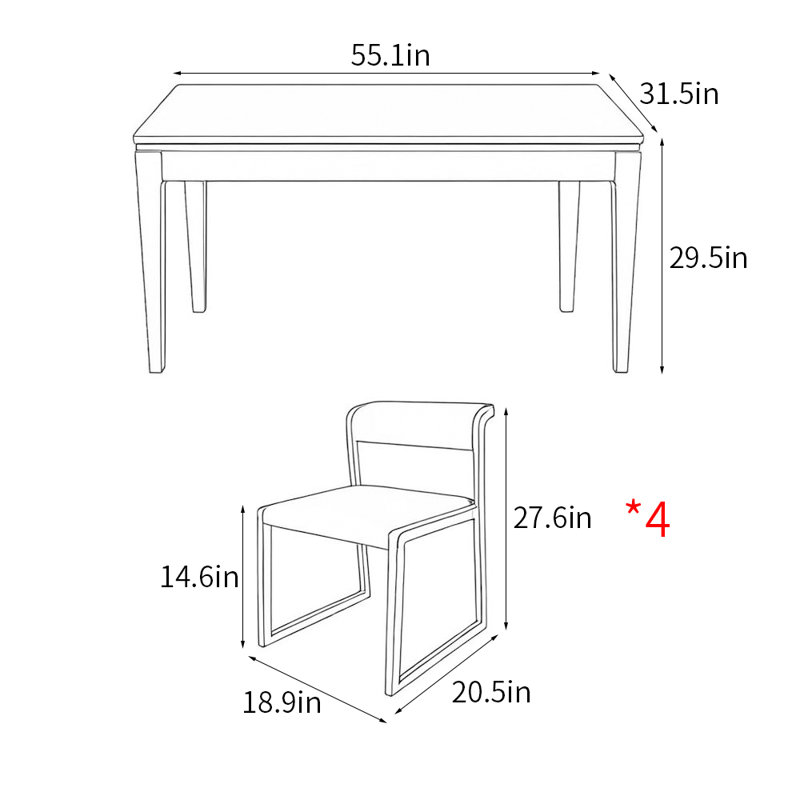 Italian style simple rectangular dining table sets, 29.5" H x 55.1" L x 31.5" W