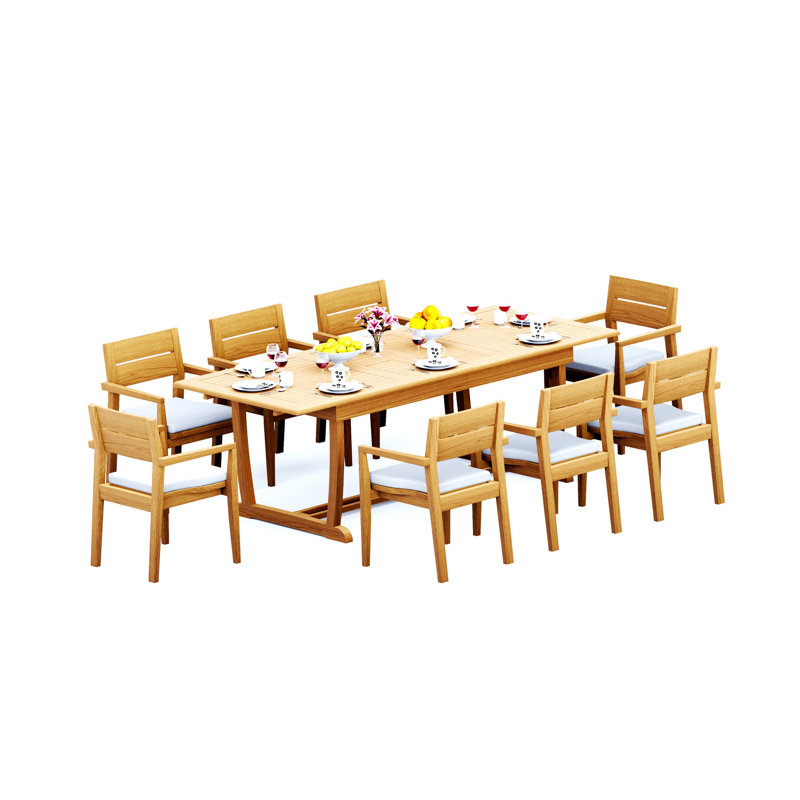 7 Pcs Grade-A Teak Wood Dining Set: 94" Double Extension Mas Rectangle Trestle Leg  Table And Vellore Stacking Arm Chairs #11VL2106