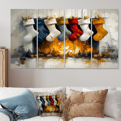 Red Christmas Stockings By The Fireplace II - Christmas Wall Art Set
