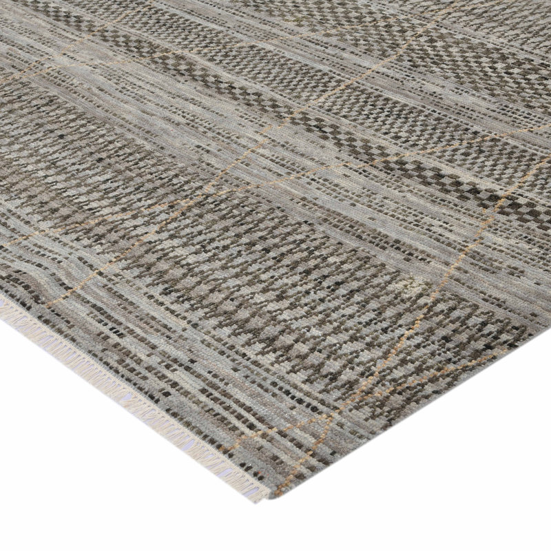 Gray and Brown Hand-Knotted Wool Geometric Area Rug 9' x 12'