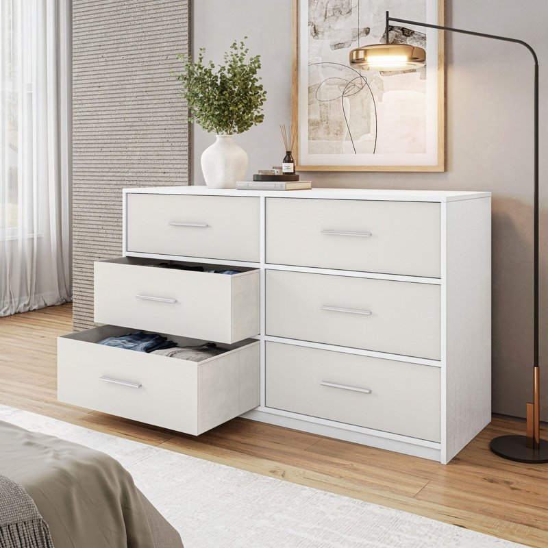 Commode 6 tiroirs avec grands tiroirs en tissu, Blanc