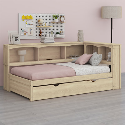 Lit de jour avec lit gigogne, armoires de rangement et ports USB