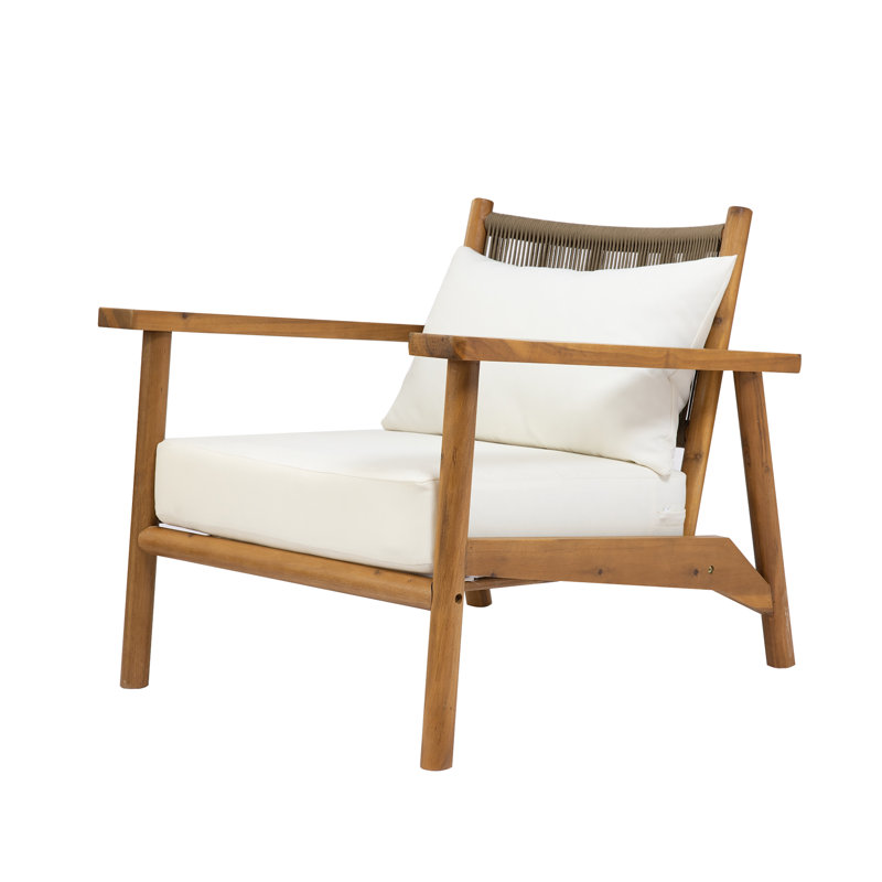 Chaise avec accoudoirs d'extérieur Lorcan Mid-Century, 2, Coussin beige / structure en teck
