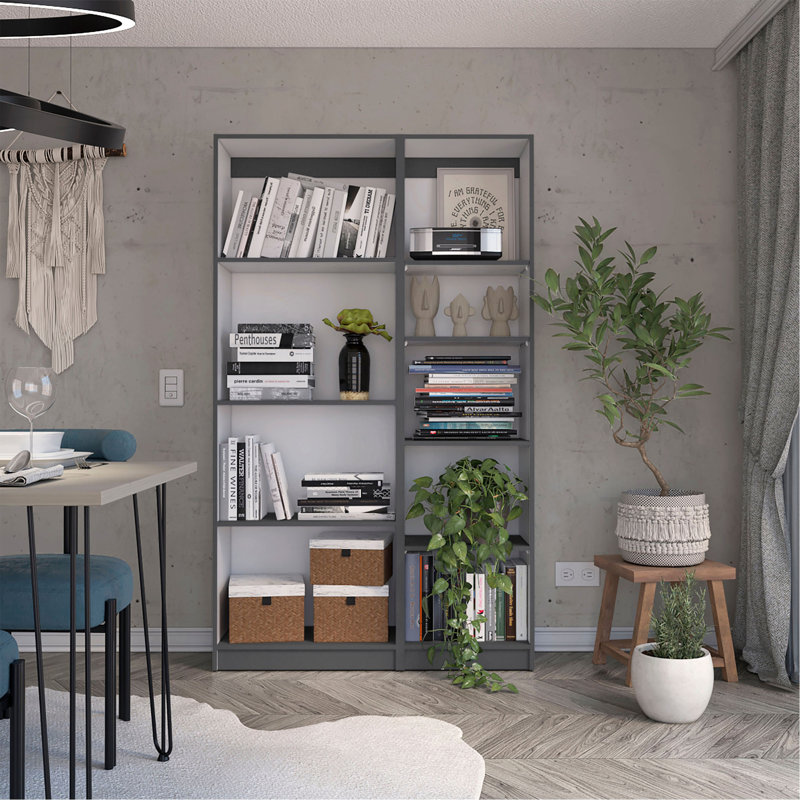 Ensemble de salon avec bibliothèque 2 pièces, armoire de rangement, 42 po de largeur et 9 tablettes, Blanc / Gris