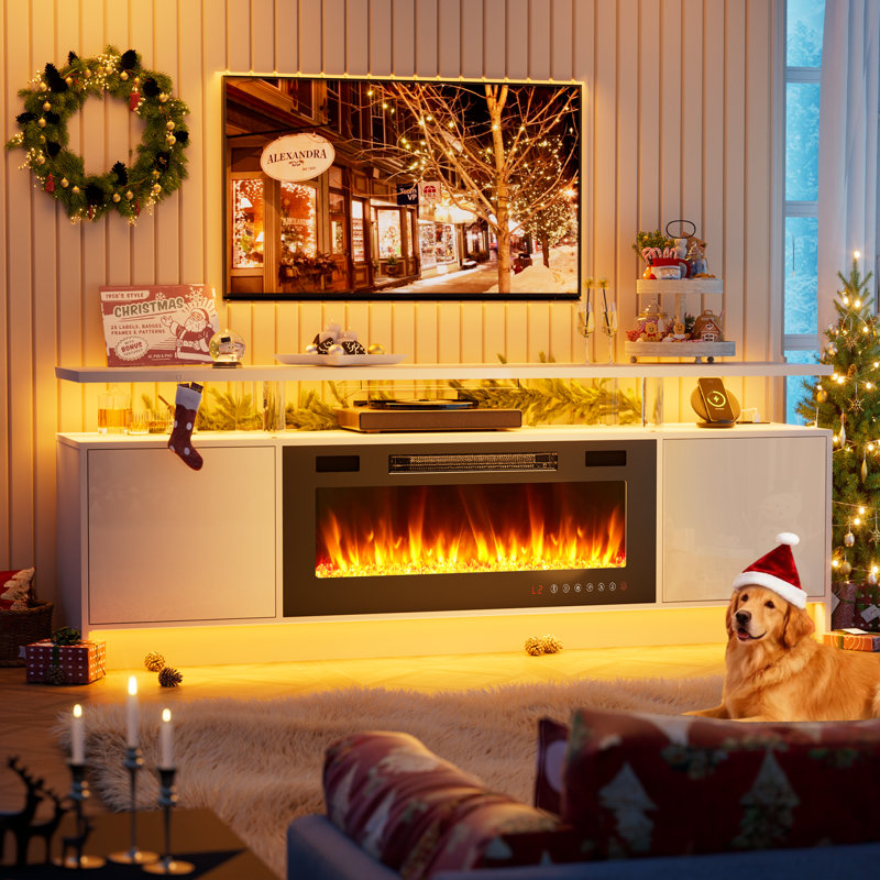 70" Fireplace TV Stand, Dual Led Lights Entertainment Center & Media Console, Fits TVs up to 90", w/Outlet, 36" Electric Fireplace, TV Stand for Living Room
