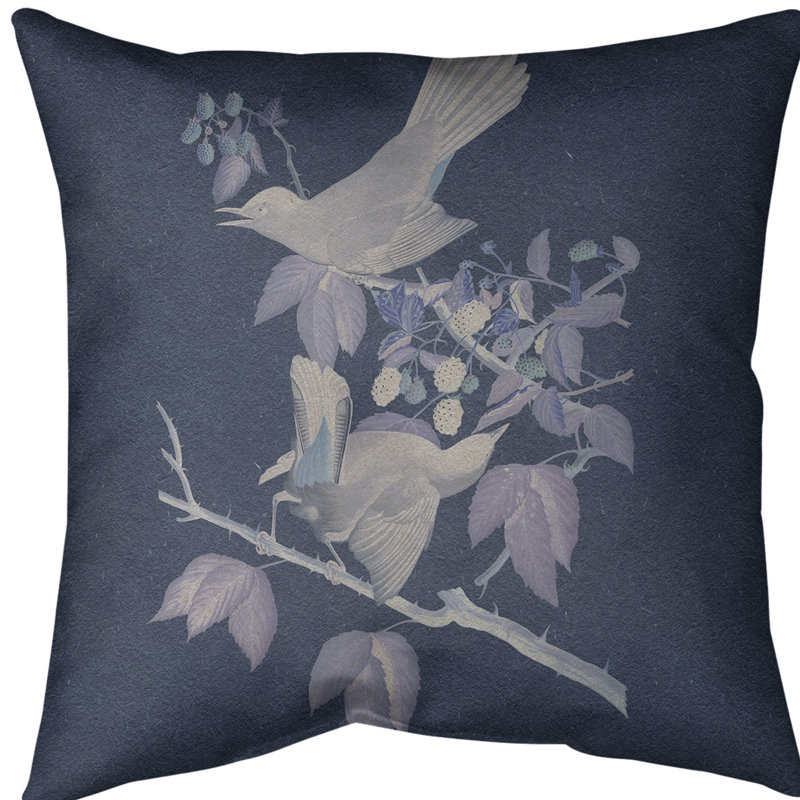 Coussin décoratif à chat oiseau, 14 po x 14 po, Bleu marine / gris, Polyester sergé