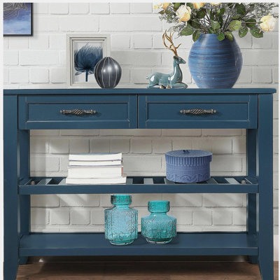 Console avec 2 tiroirs de rangement et 2 tablettes de style Mid-Century Buffet en bois massif de 42 po pour le salon, la cuisine, la salle à manger, le vestibule, le couloir, le bleu marine