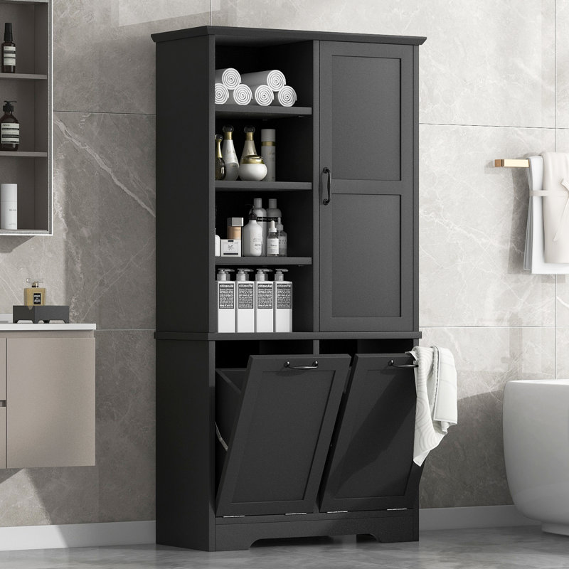 Bathroom Storage Cabinet with Doors and Tilt-Out Laundry Hamper, Black
