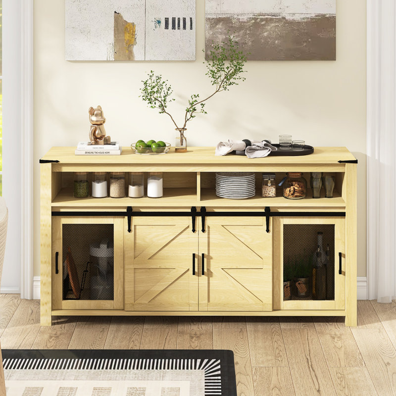 Buffet l 59,3 po avec porte de grange coulissante, tablettes réglables, Naturel