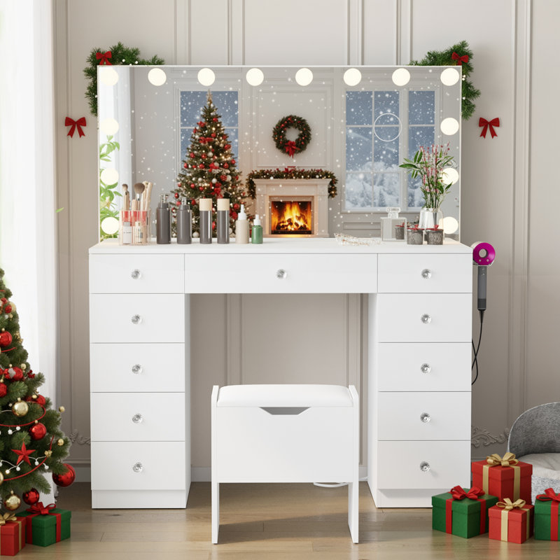 Coiffeuse Greyden avec 11 tiroirs, tabouret de rangement et ampoules, luminosité réglable, Blanc