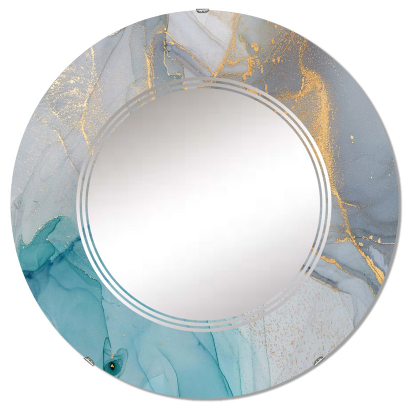Encre liquide turquoise et bleue - Miroir mural moderne rond, 32 po x 32 po