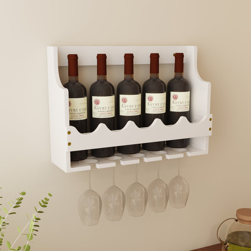 Porte-bouteilles mural en bois massif pour verres et bouteilles. Rangement pour boissons et vins., Blanc