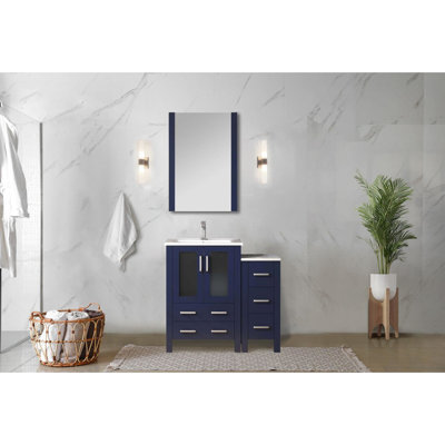 36 po Meuble-lavabo W bleu marine avec armoire latérale, robinet, comptoir en céramique blanche et miroir mural suspendu 22