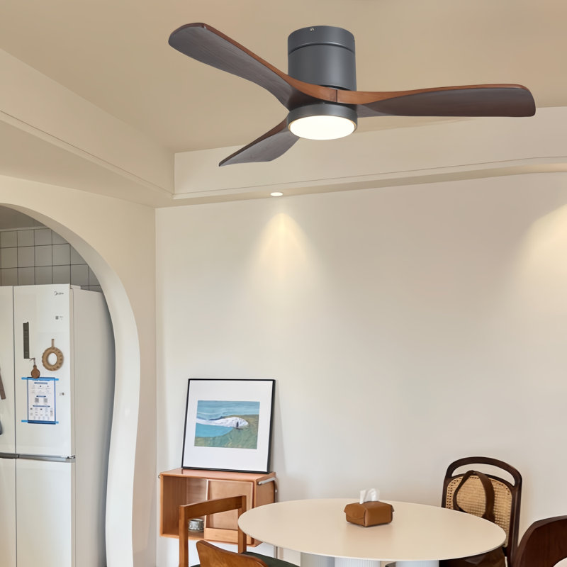 42" 3 - Blade Modern Ceiling Fan with LED Light and Remote Control Flush Mount Ceiling Fan with Light Solid Wood Blades 3 Colors 6-Speed Reversible Motor Timer