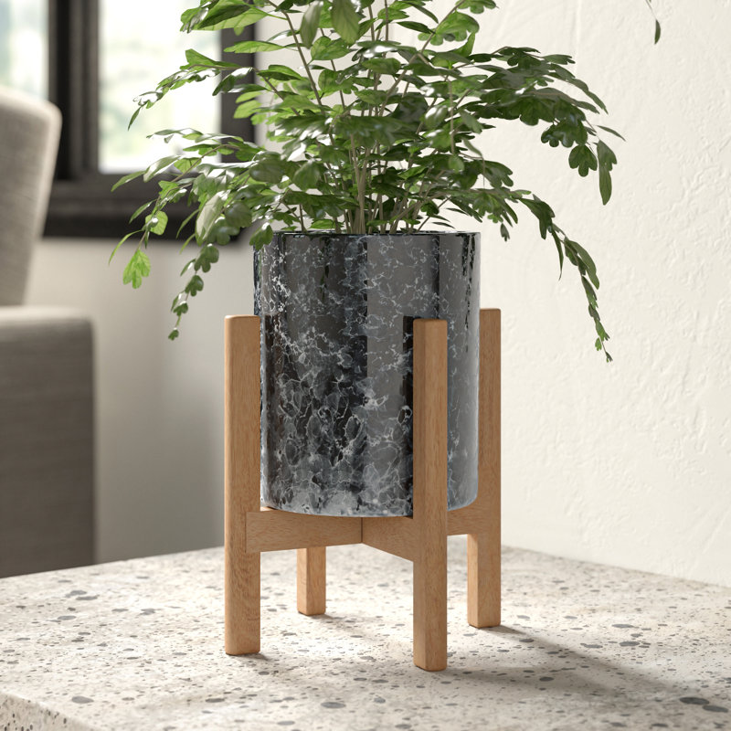 Pot à fleurs en bois Amadea, H 5 po x l 4,7 po x P 4,7 po, Marbre noir / naturel