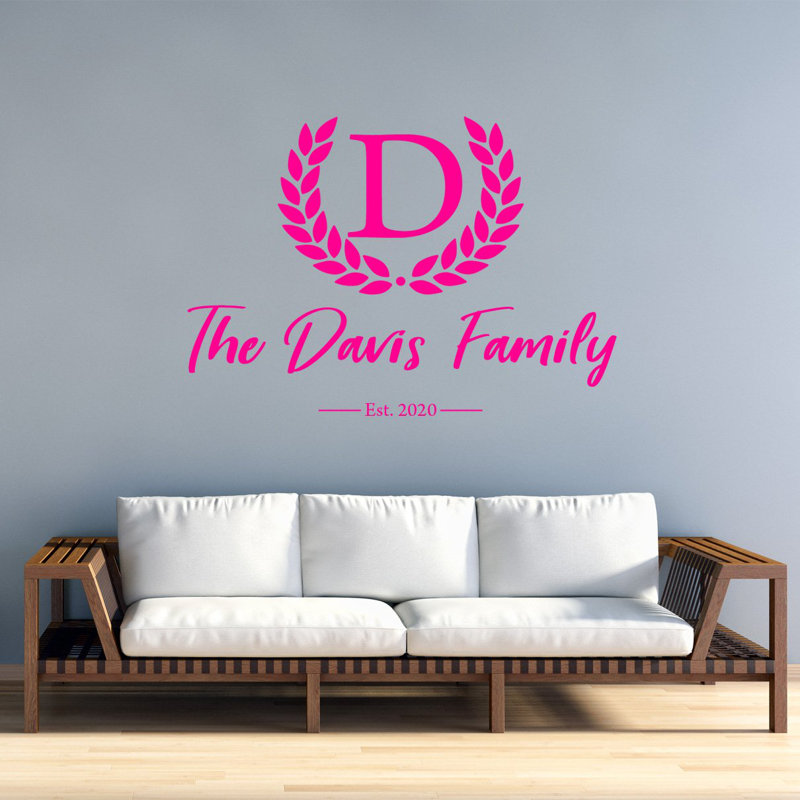 Décalcomanie murale nom de famille monogramme, H 16 po l 22 po, Rose vif