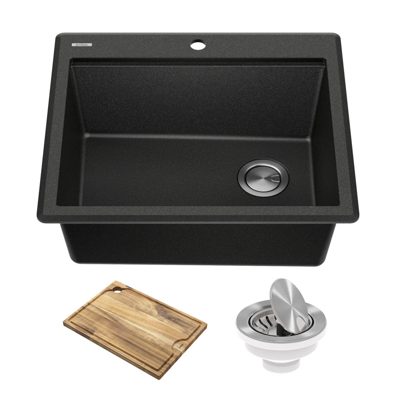 KRAUS Bellucci 28” Granite Workstation Drop In Top Mount Single Bowl Kitchen Sink with Accessories, Metallic Black