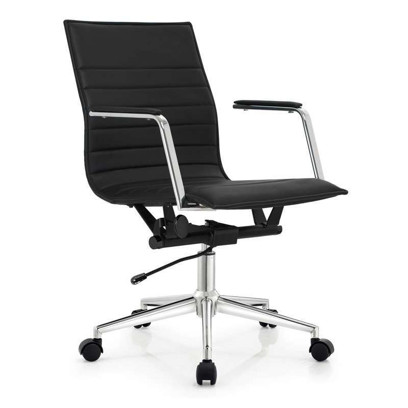 Modern Contemporary Slim Seek Mid Back Office Chair Ribbed With Arms Adjustable Height Swivel Wheels Chrome Base, Black