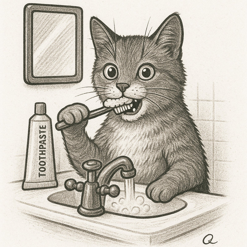 «Brush Time Whiskers», art mural sur toile «Drôle de chat se brossant les dents»