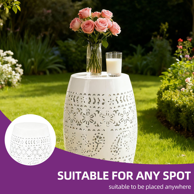 18" H Metal Side Table with Lace Cut-Out Design, Drum Coffee Table/Planter Stand, Weather-Resistant, Glossy Orange Floral